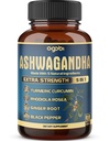 Ashwagandha לחלץ קפסולת - כוח גדול - 5in1 בלגן ג'ינג'ר, Turmeric, Rhodiola Rosea & Black Pepper - 90 קפסולות במשך 3 חודשים - כוח, רוח ומזל תמיכה