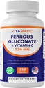 Vitamatic Ferrous Gluconate 324 מ"ג + ויטמין C 100 מ"ג - No a מלאכותי Color Additives - Gentle on Stomach - 250 טבליות coated - Made in USA