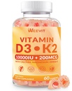 WeEVIT ויטמין D3 K2 Gummies, סוכר חינם ויטמין D3 K2 w/caium, Magnesium, אומגה 3, ויטמין C, B12, K2 D3