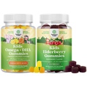 Bundle of Kids DHA אומגה 3 חניכיים - דגים חינם עם Vegetarian 6 9 for Vision Brain & Immunity ו Sambucus Elderberry Gummies לילדים - Black Elderberry עם Zinc & ויטמין C עבור Immune תמיכה