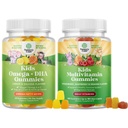 Bundle של ילדים DHA אומגה 3 חניכיים - Fatty Acids אומגה 3 6 9 עבור המוח, כוח החיסון וחזון צמחי מבוסס ילדים Multivitamin חניכיים עם ויטמין A C D3 E B ו- Zinc for Immunity תמיכה תמיכה
