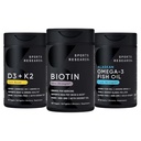 מחקר ספורט ® Healthy Hair Pack - Biotin 5,000mcg עם שמן קוקוס אורגני + ויטמין D 5000o & Mk7 ויטמין K 100mcg + אומגה 3 דגים שמן 1250 1250