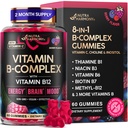 ויטמין B-Complex Gummies for Women & Men - ויטמין B12, B1, B2, B3, B5, B6, B7 & B9 - B Complex with ויטמין C & Choline - אנרגיה, Brain & Mood - Natural Bre Flavor, טבעוני - 60mies עבור 2 חודשים
