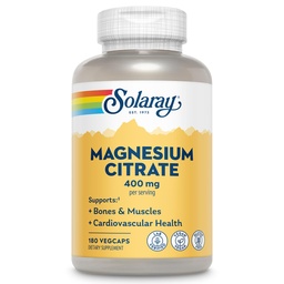 SOLAray Magnesium Citrate 400 מ"ג - תוסף מגנזיום - בריאות העצם, השרירים, הרגיעה ותמיכה בריאות הלב - שיפור Absorption, טבעוני, Gluten Free, 60 יום ערבות, 60 משרתים, 180 VegCaps