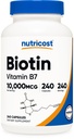 ויטמין biotin (Vitamin B7) 10,000mcg (10 מ"ג) תוסף ויטמין, 240 קפסולות - Vegetarian, Gluten Free, Quick Release, non-GMO