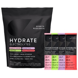 מחקר ספורט ® Hydrate Electrolytes אבקת Packets - סוכר חינם ומשתלב באופן טבעי עם ויטמינים, מינרלים, מים קוקוס - תמיכה הידרה - 16 Packets - Variety Packets - Variety Pack
