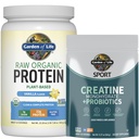 Garden of Life Protein & Creatine Bundle - אבקת חלבון וניל טבעונית 20 משרתים עם BCAAs, Probiotics & Enzymes + Creatine Monohydrate Pre Workout 60 משרתים עבור שריר, כוח וביצועים
