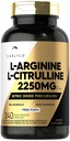 Carlyle L-Arginine L-Citrulline Supplement | 2250mg | 240 Powder Capsules | Nitric Oxide Precursors | Free Form | Non-GMO & Gluten Free