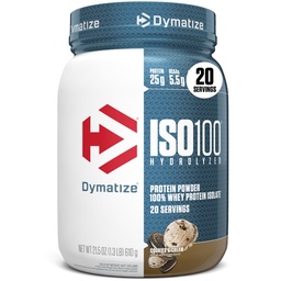 Dimatize אבקת חלבון ISO100 Whey חלבון Isolate, קובצי Cookie & Cream, 25g של חלבון, 5.5g BCAAs, פחות מ 120 קליפורניה, Gluten Free, 1g Fat, 1g Sugar, 2g Carb (20 משרתות)