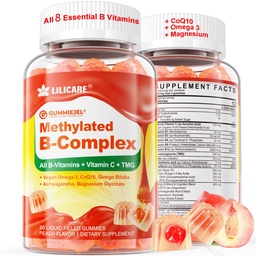 Super Methylated ויטמין B Complex Gummies - All B ויטמינים + אומגה 3, Magnesium, CoQ10, Ashwagandha,Vitamin C, TMG- For Women Men- Methyl B12 mcg 2000 mcg, Methylfolate, B1, B2, B3, B5,B5, B7- סוכר חינם