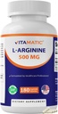 Vitamatic L-Arginine 500mg, 180 Vegetarian Capsules – Amino Acid Supplement, Non-GMO, Gluten Free, Made in USA