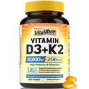 Vitalibre Vitamin D3 K2 Supplement, 10000 IU D3 / 200 mcg K2 MK7, Calcium Absorption, Bone, Heart, Immune & Mood Support, Enhanced Absorption, No Soy, Easy to Swallow, 180 Softgels