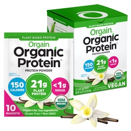 Orgain אורגני אבקת חלבון, Vanilla Bean - 21g צמחי חלבון, 5g Prebiotic סיבים, Low Carb, No Lactose Ingredients, no added Sugar, non-GMO, For Shakes & Smoothies, 10 חבילות נסיעות