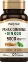 Piping Rock Panax גיינסנג וג'ינקגו Biloba תוסף | 5000 מ"ג | 120 קפסולות | עם Black Pepper | Vegetarian, non-GMO, ו- Gluten Free Supplement