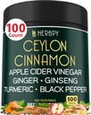 6in1 Premium Ceylon Cinnamon תוספת פלוס Apple Cider Vinegar, Turmeric, ג'ינג'ר, גינזנג - ניהול משקל, עיכול - 100 קפסולות טבעוניות