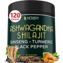 5in1 Ashwagandha כוח נוסף עם Shilajit עבור Stamina, אנרגיה ורגיעה תמיכה - Plus גינזנג, Turmeric Root & Black Pepper - 120 הרוזן