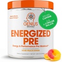 Genius Energyzed Pre Workout אבקת - Caffeine Infused Pre-Workout Booster תוספת עם Beta Alanine & Alpha GPC, No Artificial Sweeteners או Dyes - 200 מ"ג Caffeine, 20 משרתים, Sour Peach טבעות