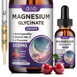 Magnesium Glycinate נוזל טיפות 500 מ"ג, עם ויטמין B6, Ashwagandha, L - Theanine, Chamomile, Magnesium Glycinate תוסף גבוה עבור שינה, מתח, אנרגיה, Mood - Cherry Flavor - Cherry Flavor