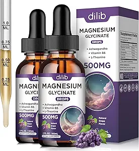 (2 Pack) Magnesium Glycinate נוזל טיפות 500 מ"ג, עם ויטמין B6, Ashwagandha, L - Theanine, Chamomile, Magnesium Glycinate High Absorption for Sleep, Stress, Energy Mood - Grape Flavor