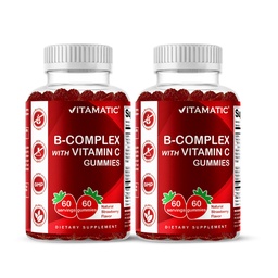 ויטמין Vitamatic B Complex Gummies עם ויטמין C & Inositol - Natural Strawberry Flavor - 60 חניכיים (2 בקבוקים)