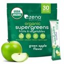 Zena Nutrition אורגני Super Greens אבקת, 70+ Superfoods, 0 סוכר, 3G סיבים, Spirulina, Chlorella, Antioxidants, Prebiotics / Probiotics, Digestive Enzymes, גרין אפל, 30 משקאות Mixets