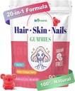 20-in-1 Hair Skin and Nails Gummies, Hair Biotin Vitamins for Women & Men with 10000 mcg Biotin, Vitamins A, C, D, E for Hair Growth & Healthy Skin, White Peach Flavor, 90 Gummies