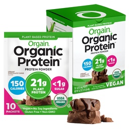 Orgain אורגני אבקת חלבון, קרם שוקולד Fudge - 21g צמחי חלבון, 6g Prebiotic סיבים, Low Carb, No Lactose Ingredients, לא תוספת סוכר, non-GMO, עבור Shakes & Smoothies, 10 חבילות נסיעות