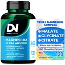 Divinity Nutra Triple Magnesium מורכב,300 מ"ג של Magnesium Glycinate, Malate & Citrate עבור השרירים, Nerves, & Energy, High Absorption, 120 קפסולות טבעוניות, non-GMO USA מיוצר