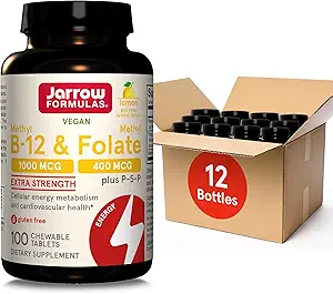 Jarrow Formulas Methyl B-12 1000MCG & Methyl Folate 400MCG,Extra Strength, Cellular Energy Metabolism & Cardiovascular Health Formula(1) עם P-5-P,100 צ'אטים, עד 100 יום Suppl,12Packsacks