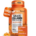Herbtonics Multi Collagen Gummies עם biotin & ויטמין C, hydrolyzed Collagen Peptides סוגים I, II, III, V, X עבור שיער, עור, ציפורניים ותמיכה העצם - פלאפור טרופי, 60 מסטיקנים