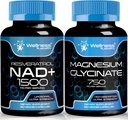 Magnesium Glycinate קפסולות - 750 מ"ג - מגנזיום תוספת תוספת גבוהה Absorption תוסף │ NAD, 1500 מ"ג - Liposomal NAD+ תוספת של Resveratrol