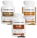 Real Mushrooms Brain, Vitality & Immune Support Bundle - Iron's Mane Cognition כמוסות (120 קפסולות) + Reishi 415 Longevity קפסולות (90 קפסולות) ו- Cordyceps-M Peak Performance (120 קפסולות)