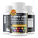 St. John's Wort Rhodiola Rosea Ashwagandha הקדוש בזילריאן Chamomile Black Pepper -150 קפסולות - Made in USA