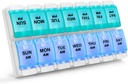 Sukuos AM PM שבועי 7 יום גלולות מארגנת, 2 פעמים A Day Pill Box with Arthritis Friendly Push Button, Medicine Cases forוויטמין/Fish Oil/Supplements, Easy to נקיים (Cyan & Blue)