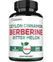 Berberine 1500 מ"ג תוספת עם Ceylon Cinnamon Bark & Bitter Melon - 240 קפסולות טבעוניות עבור 80 משרתים - מערכת החיסון, בריאות הלב, ניהול גוף ותמיכה תמיכה