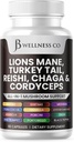 Lions Mane תוספת תמיכה קוגניטיבית, Immune בריאות עם טורקיה Tail 20in1 Mushroom Reishi Cordyceps Chaga עם Marshmallow Root 60 Count