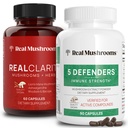 Real Mushrooms RealClarity (60ct) ו- 5 Defenders (90ct) קפסולות בונדלה - תוספת Mushroom עבור בהירות נפשית, פוקוס וכוח החיסון - טבעוני, non-GMO, רמות מאומתות של Beta-Glucans
