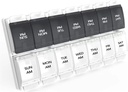 Sukuos AM PM שבועי 7 Day Pill מארגנת, 2 פעמים A Day Pill Box with Arthritis Friendly Push Button, Medicine Cases forוויטמין/Fish Oil/Supplements, Easy to נקיים (Black & White)