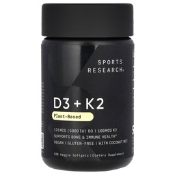 Sports Research Vitamin D3 with K2 Softgels - Plant Based K2 & Vegan D3 5000iu with Coconut MCT Oil - Vegan Certified, Soy & Gluten Free - 120 Count