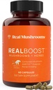 Real Mushrooms RealBoost קפסולות - Cordyceps Mushroom, Panax Geneseng & Guayusa Extract - עבור תמיכה כללית של בריאות ואנרגיה - טבעונית, Non-GMO, No Fillers - 60 Count Mushroom תוסף Band