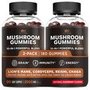 FFECTIVE NUTRA Mushroom Gummies 2,500 מ"ג | 10 בלווין W/Lions Mane, Reishi, Chaga, Cordyceps & More | Focus, Memory, Immunity, Energy | Natural Bre Flavor | טבעוני, Made in USA (2-Pack)