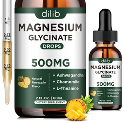 Magnesium Glycinate 500 מ"ג - מגנזיום נוזלי טיפות, Ashwagandha, L - Theanine, Chamomile - Calm & Stress הקלה, מנוחה, בריאות לב שרירים, 2 Fl Oz (30 ימים)