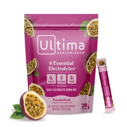 Ultima Replenisher Daily Electrolyte אבקת משקאות Mix - סוכר חינם - Passionfruit, 20 Stickpacks - hydrotion Packets עם 6 אלקטרוליטים ו- Trace מינרלים - Keto Friendly, non-GMO
