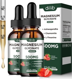 Magnesium Glycinate נוזל טיפות תוספת, עם Magnesium Glycinate 500 מ"ג Ashwagandha, L - Theanine, Chamomile - Support Stress Relief, העצם, השרירים, Mood Strawberry פלבדור 2Packackkackk