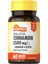 Sundance Ceylon Cinnamon קפסולות 2500 מ"ג | 60 גלולות | עם Chromium ו- Biotin | Vegetarian, non-GMO ו- Gluten Free Supplement