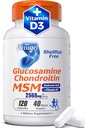 Glucosamine Chondroitin MSM + ויטמין D3 | Shellfish-Free המשותף תוסף עבור ניידות, גמישות ובריאות העצם | Non-GMO, Gluten-Free, Soy-Free - 7-in-1 פורמולה לגברים ונשים