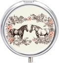 Round Metal Pill Box,Flowers ו- Horses Hand ציירו מארגנת גלולות נסיעות Portable Piller Small Pill Box for Purse and Pocket for Storing ויטמינים, תרופות ותוספים