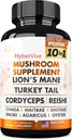 Mushroom תוסף 10x Complex - Lions Mane, טורקיה Tail, Cordyceps, Reishi, Chaga, Maitake, Shiitake, Oyster Extract Mushrooms - Nootropic Brain Support תוספי for Memory and Focus