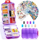 14 Grids Travel Pill Organer Box with 415-Pcs Medicine Name Labels, Pocket Daily Pharmacy Case Container, Travel Medicine Holder Dispenser Kit for Fish Oil Storage