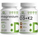 מגנזיום Glycinate 500mg Veggie קפסולות & ויטמין D3 5000iu + K2 100mcg Softgels Bundle - בקלות Absorbed Chelated מינרלים - D & K Essential Sunshine ויטמינים